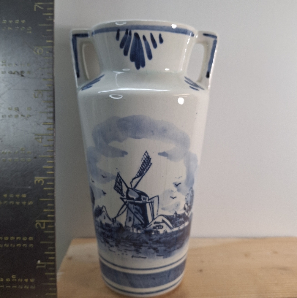 Vintage- Blue and White Delft-Style Ceramic Vase with Windmill Scene